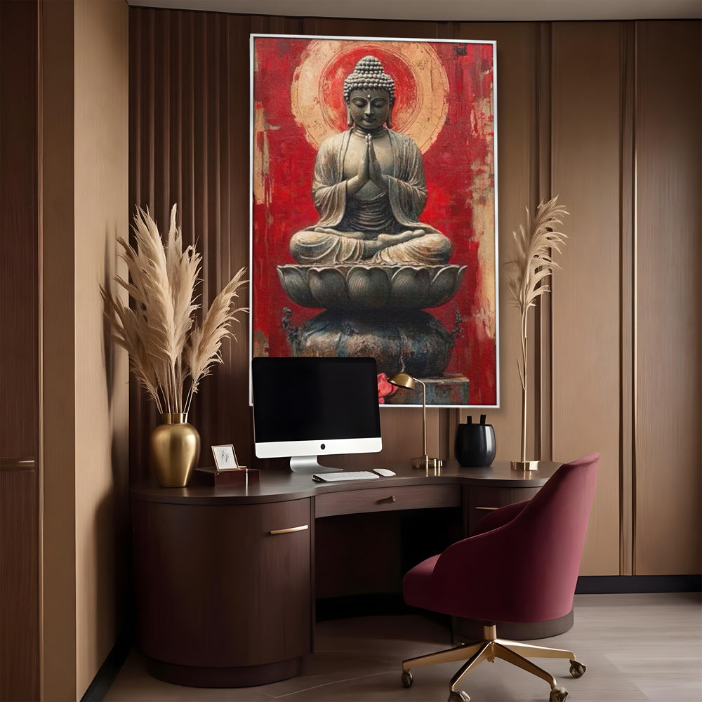 Tablou canvas cu tablou canvas cu statuie buddha pe floare de lotus, in rama de aluminiu argintiu, pe perete intr-un birou